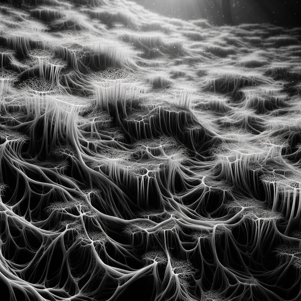 DALL·E 2024-02-08 21.41.58 - A detailed black and white image showcasing a vast, intricate mycelium network. The network should cover the ground, with visible, interconnected fila.webp